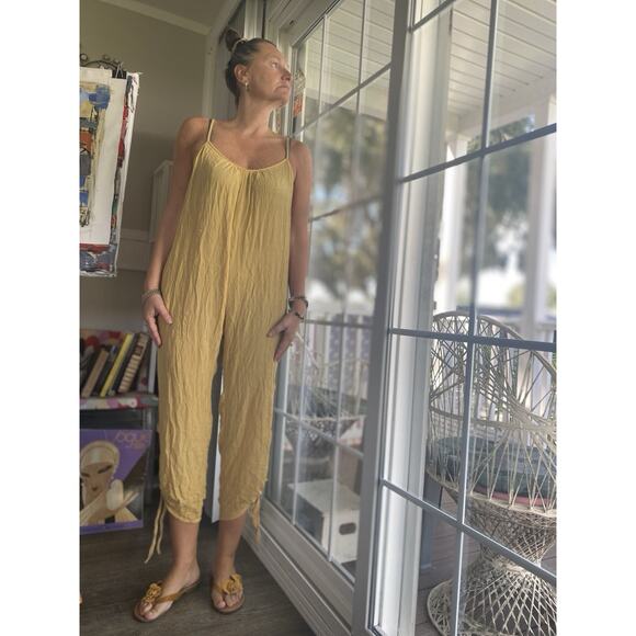 ETAM Loose Cotton Bohemian-Style Wide-Leg Romper Jumpsuit Mustard Yellow S/M - Picture 4 of 9